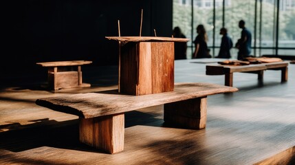 Obraz premium Artistic wooden sculptures in a modern exhibition space