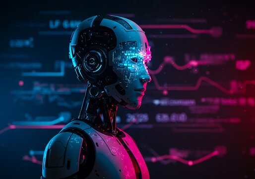 Robotic intelligence processing data in a dark, digitally enhanced and futuristic environment.

