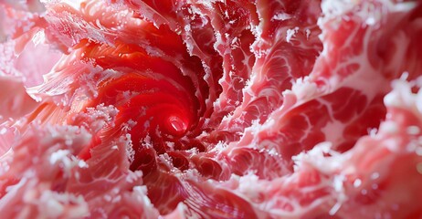 A fractal pattern of carcinogenic warning labels crafted from processed meat textures, forming an infinite loop