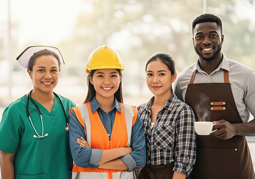 Diverse team of workers posing together: Pacific Islander nurse, Asian female construction engineer, Black male barista in apron