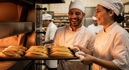 Bakers Taking Fresh Bread From Oven Smiling in Commercial Kitchen
