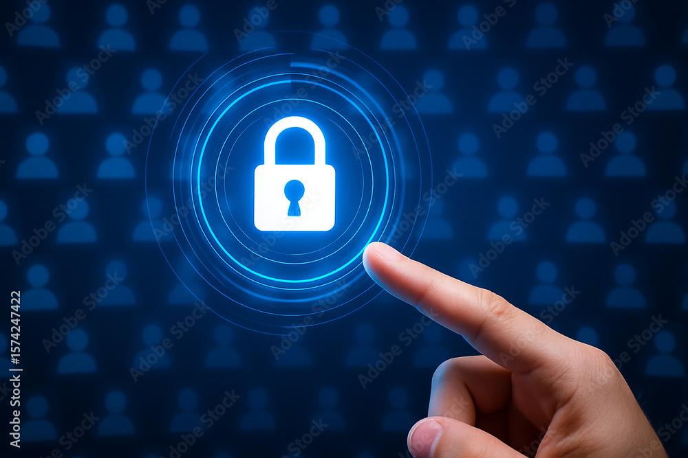 Poster data security and privacy concept with padlock icon and finger touching for secure access online