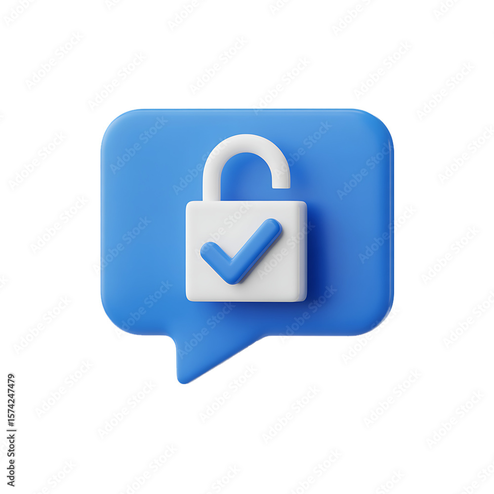Poster unlocked padlock with check mark in speech bubble on transparent background