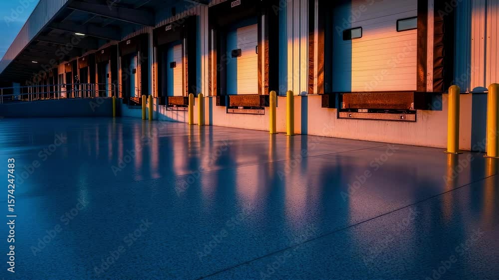 Poster warm sunset light reflecting on the wet concrete surface of a loading dock area, highlighting the in