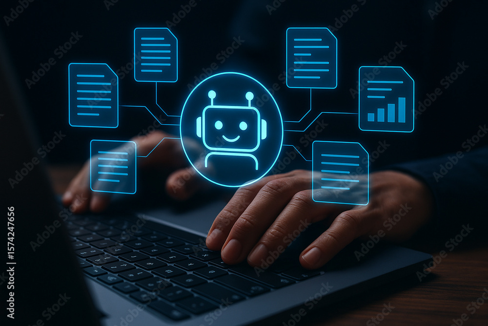 Poster understanding ai automation using chatbot for business and data analysis on laptop keyboard view 100