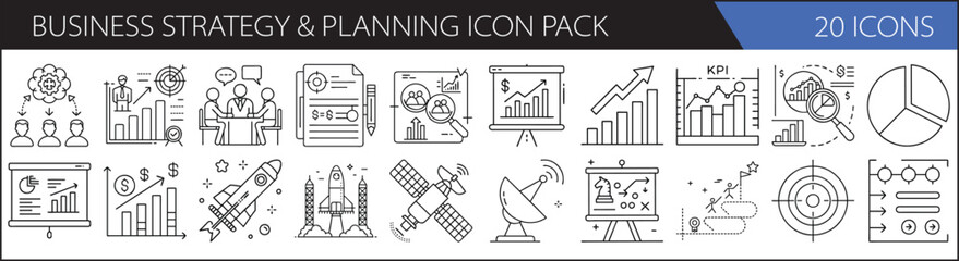 Business Strategy & Planning Line Icons – 20 Editable Vector Icons for Corporate & Project Management