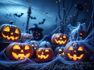 background filled with eerie yet festive Halloween motifs, including cobweb-covered pumpkins, glowing jack-o-lanterns, and wispy strands of spider silk