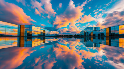 Modern glass buildings reflect a stunning sunset sky filled with vibrant clouds, mirrored perfectly in a smooth water surface, creating a surreal and symmetrical cityscape.
