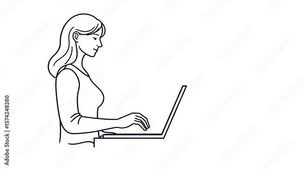 Fototapete woman on laptop with mouse, freelancer line icon, work and study concept, student vector sign on whi