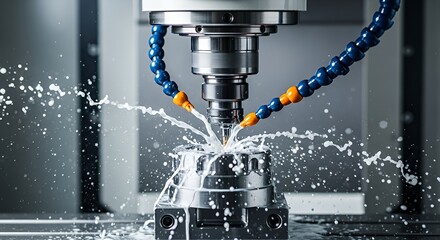 Automated Cnc Milling Machine Cutting Metal with Coolant Spraying