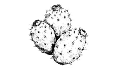 Old engraving cactus fruit art, hand-drawn prickly pear sketch, vintage botanical food style, trendy desert decor, antique black ink print, rustic plant design, cactus fruit print
