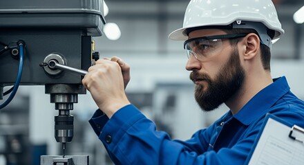 Man Operating Industrial Drill Press in Manufacturing Plant with Safety Gear