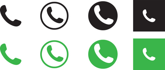 Collection of black and green telephone handset icons in various styles including circles and squares isolated on transparent background