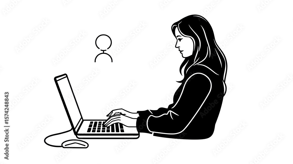 Fototapete Woman on laptop with mouse, freelancer line icon, work and study concept, student vector sign on white background, outline style icon mobile concept web design. Vector graphics.. Generative AI