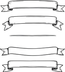 Hand-Drawn Banner and Divider Set Featuring Decorative Ribbon Variations in Black and White Line Style