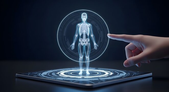 Hand interacts with a holographic projection of a human skeleton on a digital display. - Powered by Adobe