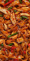 stir-fried flat rice noodles with chicken, vegetables, and sesame seeds, macro and full-frame texture shot, close-up texture, top view