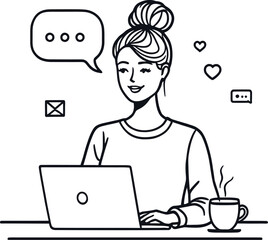 Black and White Line Illustration of Remote Work Setup Featuring a Person at Desk with Laptop, Coffee, and Communication Icons