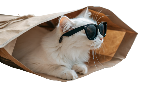 Funny cat with sunglasses in bag cool pet animal feline kitty domestic adorable white fur eyewear style