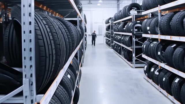 Tire Warehouse Inventory: Rows of stacked tires in a large warehouse.