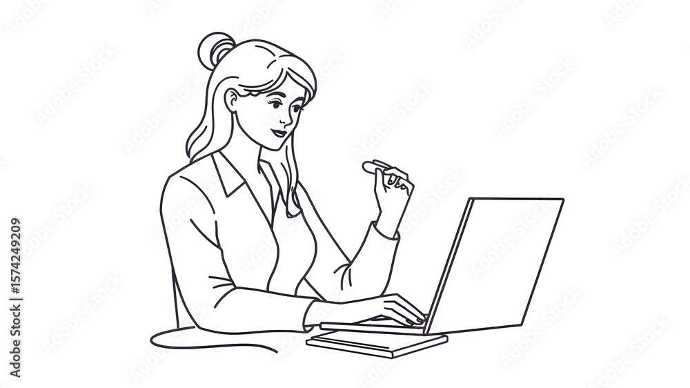 Fototapete Woman on laptop with mouse, freelancer line icon, work and study concept, student vector sign on white background, outline style icon mobile concept web design. Vector graphics.. Generative AI