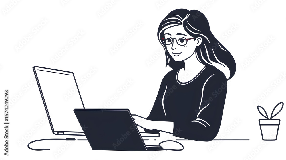 Fototapete woman on laptop with mouse, freelancer line icon, work and study concept, student vector sign on whi