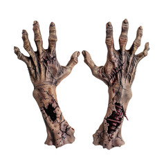 Creepy zombie hands with exposed bone and torn flesh isolated on transparent background
