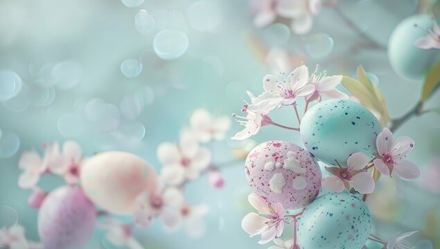 Easter background with pastel colored eggs and delicate flowers in a close-up view