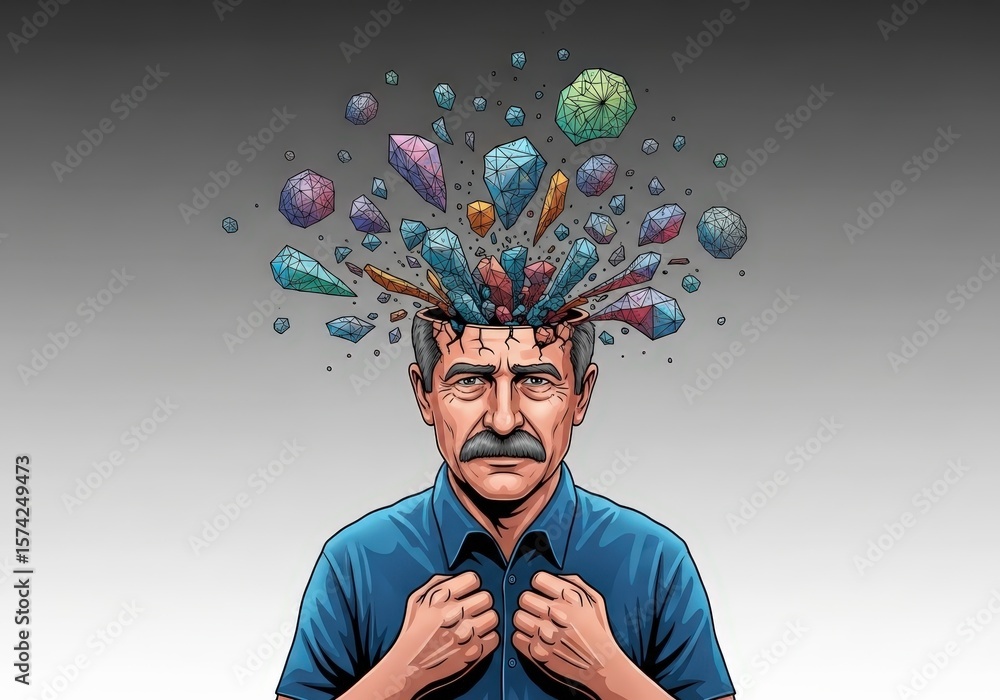 Poster man with exploding geometric shapes from head illustrating creativity and imagination