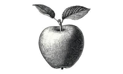 Black ink apple drawing, vintage engraving style, retro fruit artwork, healthy food sketch, antique orchard decor, old hand-drawn print, classic apple illustration, botanical food art,