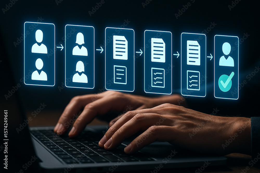Poster digital workflow automation process management with document and people icons on screen concept 100c