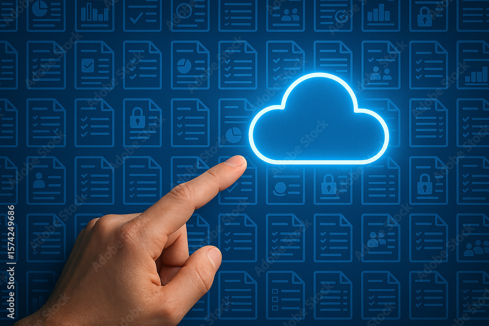 Poster cloud computing technology concept with hand touching cloud icon for data storage and security 100