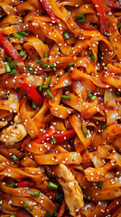 stir-fried flat rice noodles with chicken, vegetables, and sesame seeds, macro and full-frame texture shot, close-up texture, top view