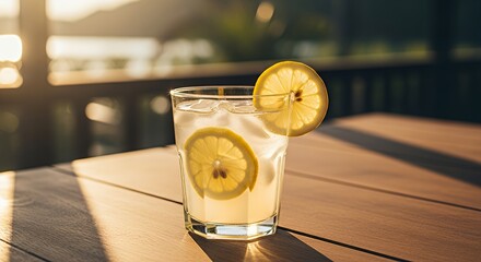 Refreshing Lemonade with Ice on Wooden Table in Warm Sunlight