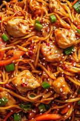 stir-fried noodles with chicken, vegetables, and sesame seeds, macro and full-frame texture shot, close-up texture, top view