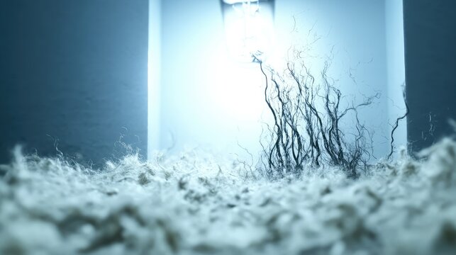 Eerie interior scene with organic textures and desaturated blue colour grading