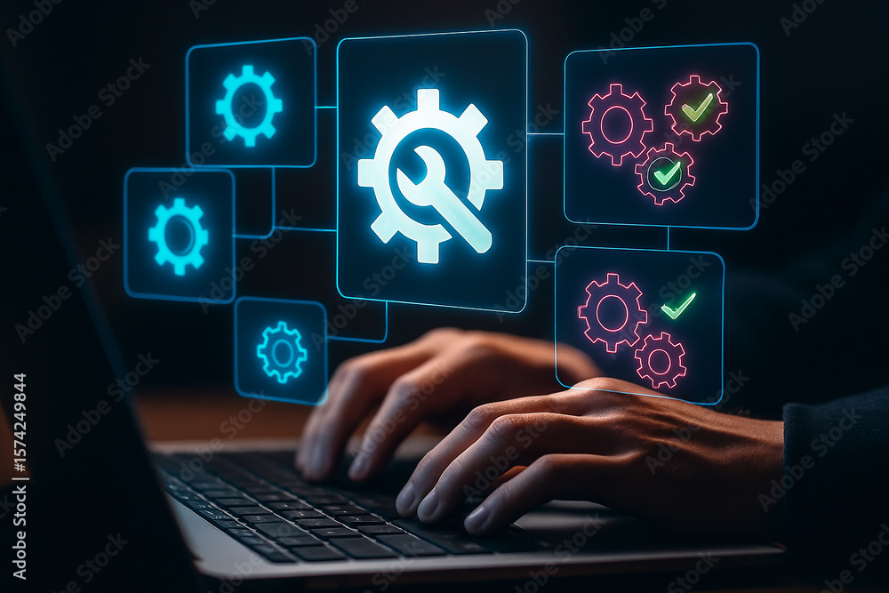Poster automation software development engineer working on laptop for digital transformation process