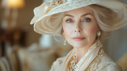 Elegant Senior Woman in Wide-Brimmed Hat and Jewelry