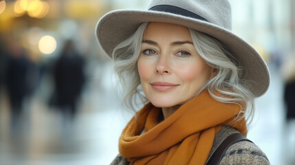 Elegant Senior Woman in Wide-Brimmed Hat and Jewelry