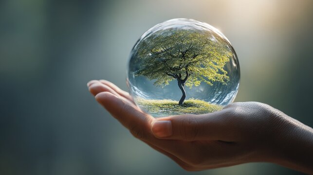 Hand Holding a Glass Globe with a Tree, Symbolizing Environmental Care and Earth Day Conservation Concepts for Green Backgrounds and Design - Powered by Adobe
