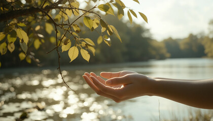 A person stands by a lake, extending their hands outward as if inviting connection with nature