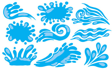 Naklejka premium Dynamic Water splashes cartoon blue water drops vector set. Hand drawn abstract blue water splash elements