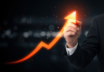 Hand drawing glowing red upward arrow on dark background indicating business growth