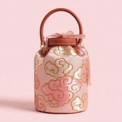 Pastel pink and gold brocade bucket bag with auspicious cloud pattern, leather handle and ribbon trim on white background