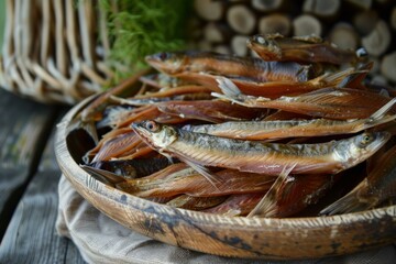 Wooden plate full of stockfish, a traditional way of preserving fish by drying them, with dill and wicker basket in background