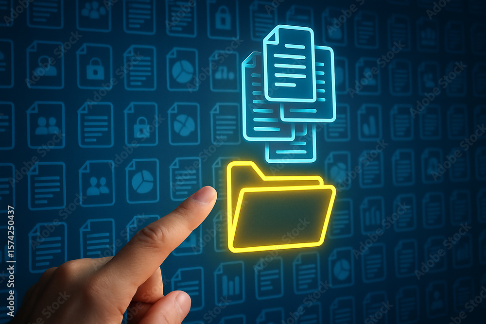 Poster data management concept with folder and documents for file organization and storage solution system