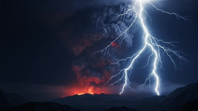 Active volcano footage with lightning striking ash cloud