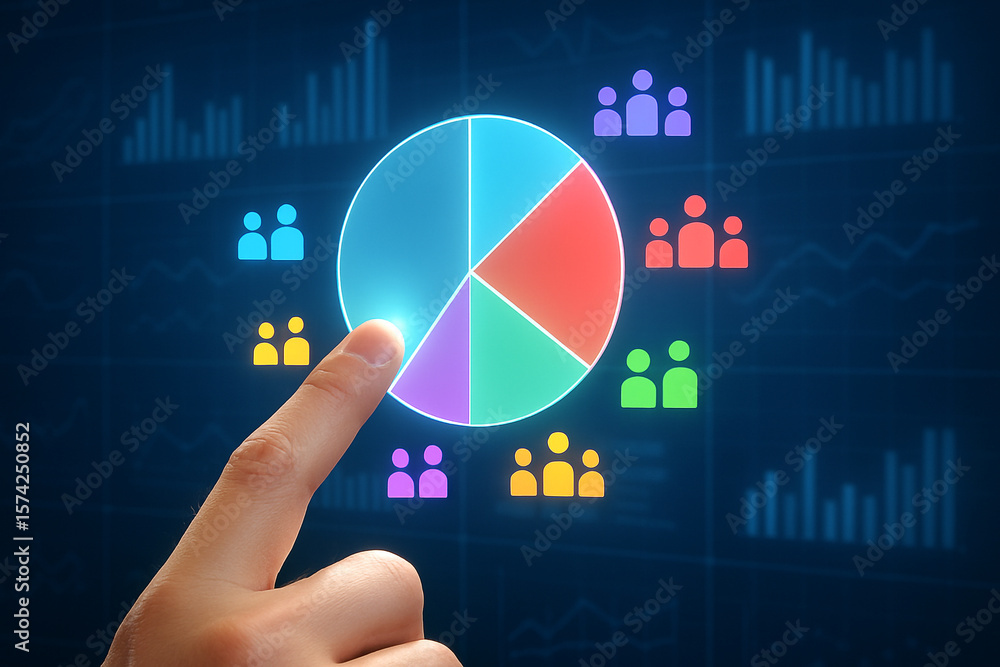 Poster analyzing market segmentation data pie chart with finger touch interface for business intelligence