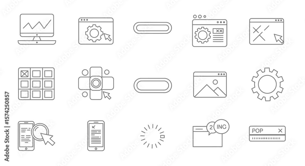 Poster set of simple, linear icons depicting web design, development, and digital interface elements.