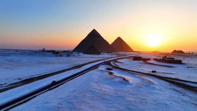 Snowy Sunrise over Giza Pyramids: A Rare Winter View